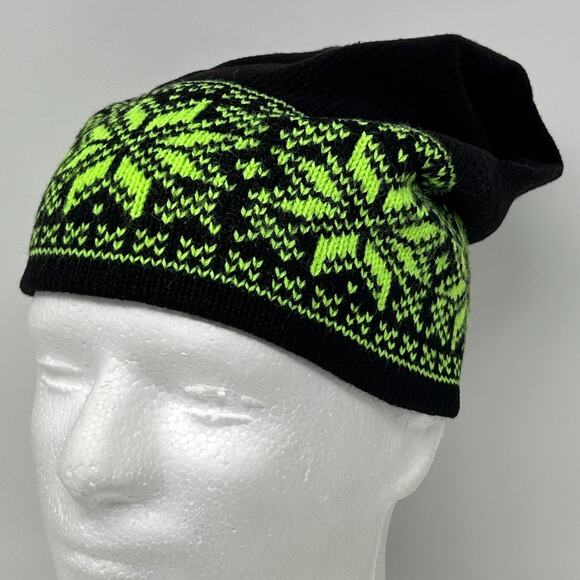 Snowflake Beanie Winter Hat Toque Ski Skiing Skier Nordic Fair Isle Black - Picture 1 of 7